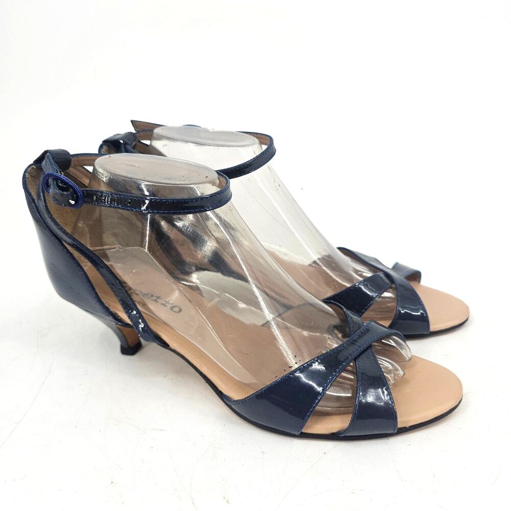Repetto Patent Leather Strappy Kitten Heel Sandals Dark Blue Ankle Strap 41 10